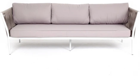 "Касабланка" диван 3-местный плетеный из роупа, каркас алюминий белый муар, роуп бежевый 20мм, ткань бежевая 052 4SIS арт.УТ-00007005