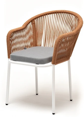 "Лион" стул плетеный из роупа, каркас алюминий светло-серый (RAL7035) муар, роуп оранжевый меланж круглый, ткань бежевая 052 4SIS арт.УТ-00008489