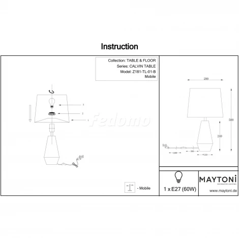 Интерьерная настольная лампа Maytoni Calvin Table Z181-TL-01-B (220V)