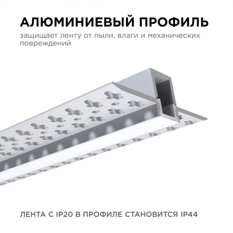 Профиль алюминиевый для светодиодной ленты под штукатурку, серебро, 2,5 метра, шир. ленты до 12мм (рассеиватель белый матовый, заглушки - 2шт.) Apeyron 08-48