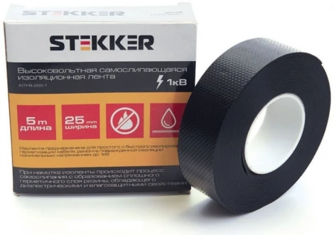 Изолента для высоковольтных проводов самослипающаяся 25мм 5м черная Stekker 39158