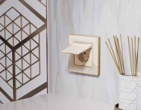 Лицевая панель Ambrella Volt ALFA (Бежевый глянец) для электрической розетки с заземлением со шторками и крышкой IP44 QUANT