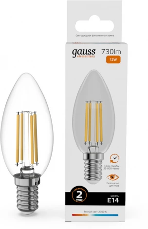 Лампочка светодиодная филаментная Gauss Filament Elementary 32112 Свеча 12W 730lm 2700К Е14 LED
