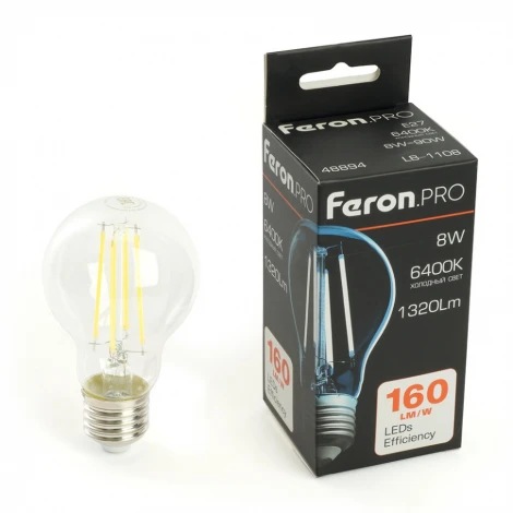Лампа светодиодная филамент A60 шар 8W 175-265V E27 6400К Feron LB-1108 48894