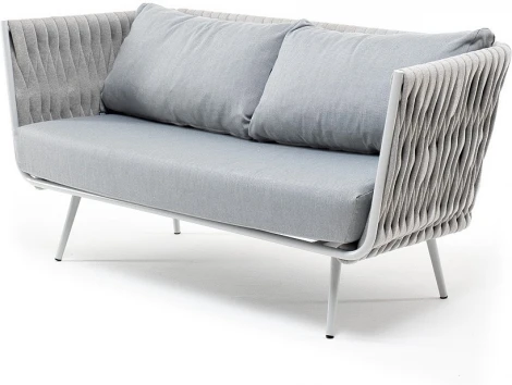 "Монако" диван 2-местный плетеный из роупа, каркас алюминий светло-серый (RAL7035) муар, роуп светло-серый 40 мм, ткань светло-серая 4SIS арт.УТ-00006214