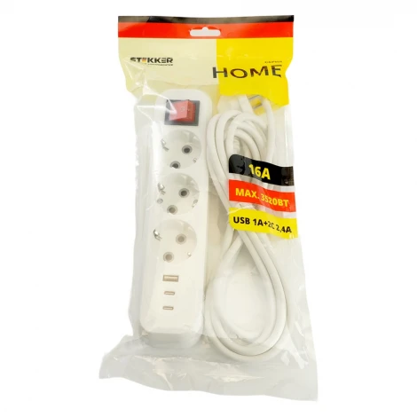 Удлинитель 3-х местный с заземлением USB Type-A + 2хUSB Type-С 3 метра (белый) Stekker Home 50137