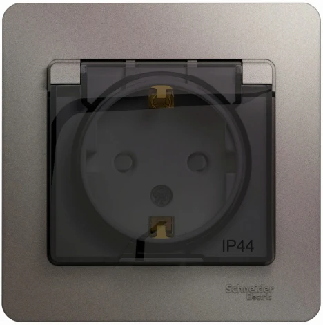 Розетка встраиваемая с заземлением, шторками и крышкой (платина) IP44 Systeme Electric Glossa GSL001248