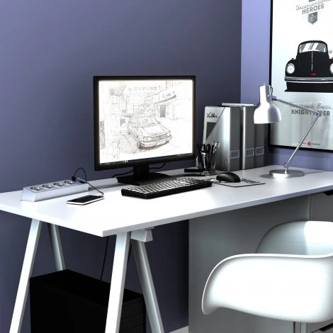 Розеточный блок 4-х местный + 3 USB серебряный/серебряный рифленый W6514945 (a051458)
