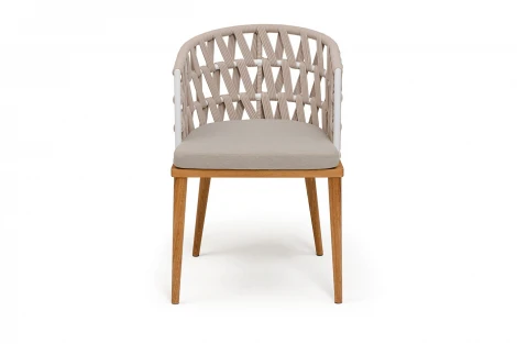 "Диего" стул плетеный из роупа, основание дуб каркас из стали белый муар, роуп бежевый круглый, ткань бежевая 052 4SIS DIE-CH-T002 W Mua beige(beige052)
