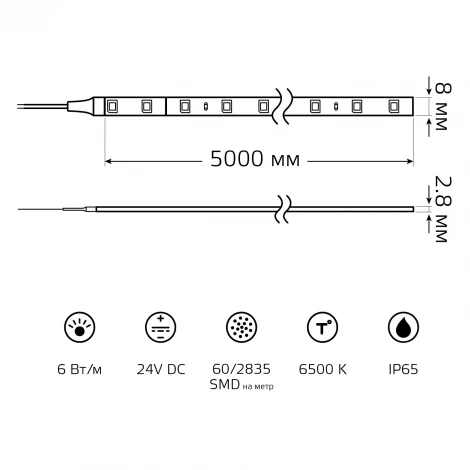 Светодиодная лента 2835/60 24V 6W/m 800lm/m 6500K 8mm IP65 5м Gauss 23637452006