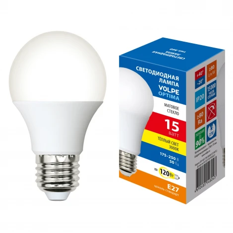 Лампа светодиодная матовая, теплый белый свет 3000K Volpe Optima LED-A60-15W/3000K/E27/FR/SLS