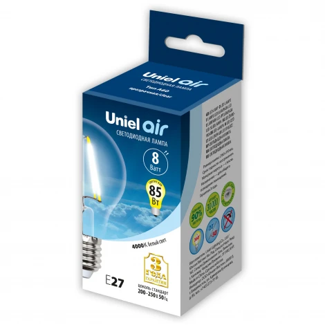 Лампочка светодиодная шар прозрачная E27 8W 4000K Uniel LED-A60-8W/NW/E27/CL GLA01TR