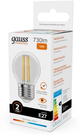 Лампочка светодиодная филаментная Gauss Filament Elementary 52212 Шар 12W 730lm 2700К Е27 LED