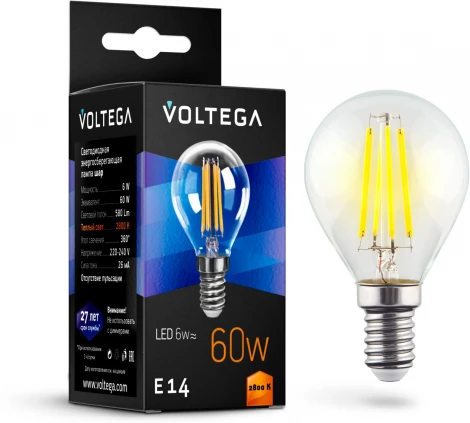 Лампочка светодиодная груша прозрачная колба E14 6 Вт 580 lm 2800K теплое желтое свечение Voltega Crystal 7021