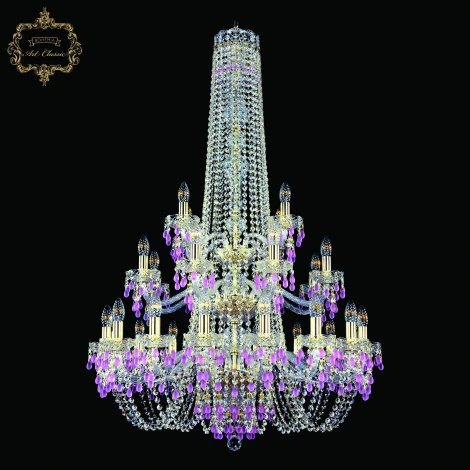 Подвесная большая люстра с хрустальными подвесками Art Classic 11.24 11.24.16+8+4.300.3d.h-128.Gd.V7010 (220V, на цепи, подсвечник, свеча)