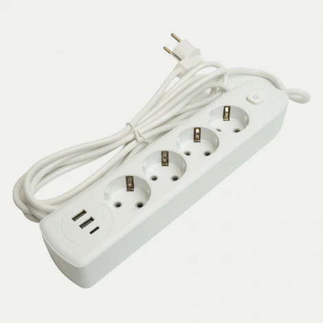 Удлинитель 4-х местный 2хUSB Type A+C 3 метра (белый) Stekker Home 49978