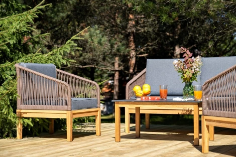 "Канны" лаунж-зона 4-местная из роупа со столиком "Канны" (серый гранит), основание дуб, роуп коричневый 4SIS арт.УТ-00004760