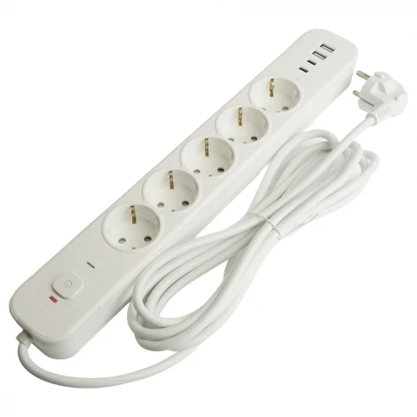 Сетевой фильтр 5-и местный с заземлением 2хUSB Type-A + 2хUSB Type-С 3 метра (белый) Stekker Nova 50103