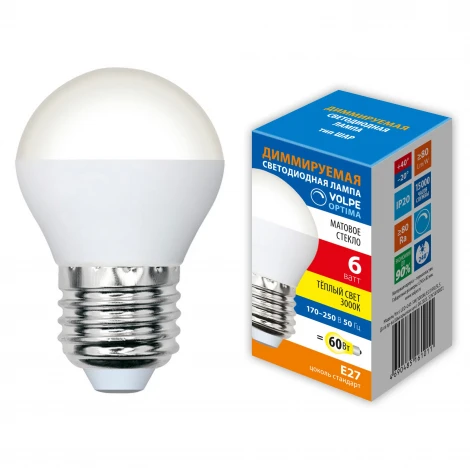 Лампа светодиодная, диммируемая, форма "шар", матовая, теплый белый свет 3000K Volpe OPTIMA DIM LED-G45-6W/3000K/E27/FR/DIM/SLS