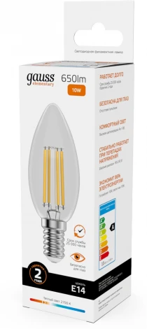 Лампочка светодиодная филаментная Gauss Filament Elementary 32110 Свеча 10W 650lm 2700К Е14 LED