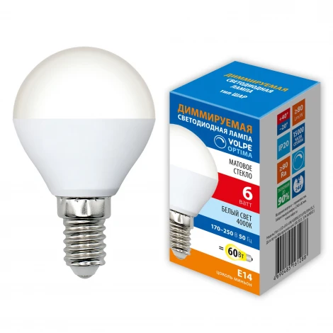 Лампа светодиодная, диммируемая, форма "шар", матовая, белый свет 4000K Volpe OPTIMA DIM LED-G45-6W/4000K/E14/FR/DIM/SLS
