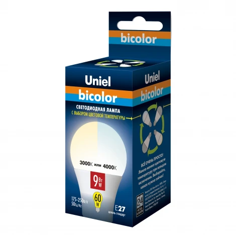 Лампочка светодиодная груша белая E27 9W 3000-4000K Uniel LED-A60-9W/WW+NW/E27/FR PLB01WH