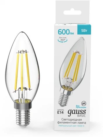 Лампочка светодиодная филаментная Gauss Filament 50312252 Свеча 5W 600lm 4000K E14 LED