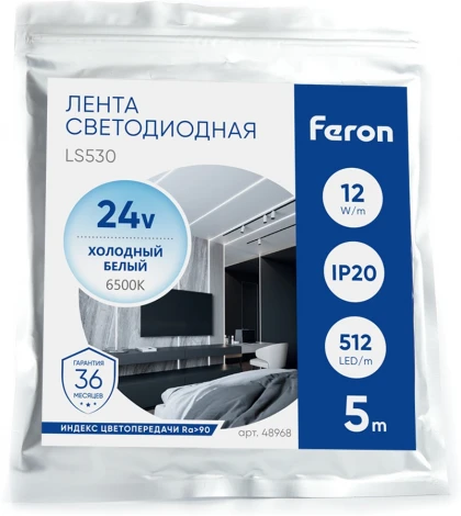 Светодиодная COB лента 512SMD(2110)/м 12Вт/м 24V 6500К Feron LS530 48968