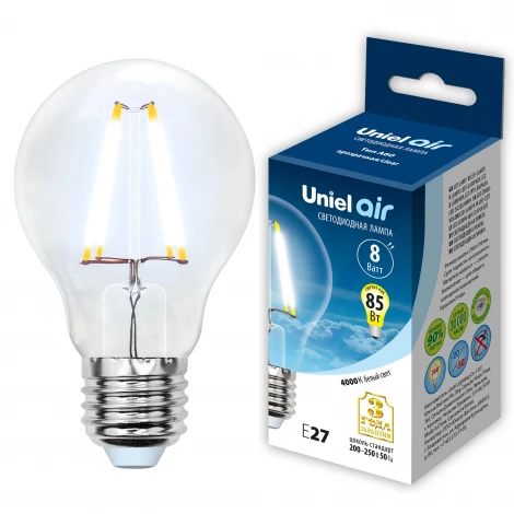 Лампочка светодиодная шар прозрачная E27 8W 4000K Uniel LED-A60-8W/NW/E27/CL GLA01TR