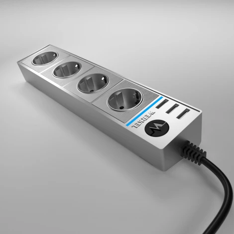 Розеточный блок 4-х местный + 3 USB серебряный/серебряный рифленый W6514945 (a051458)