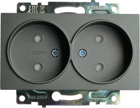 Розетка двойная без заземления со шторками (графит) Stekker Катрин 49421