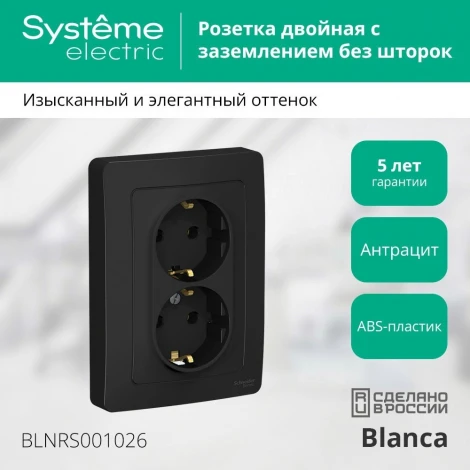 Розетка встраиваемая двойная с заземлением (антрацит) Systeme Electric Blanca BLNRS001026