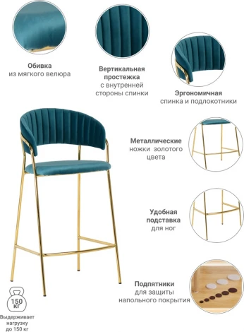 Комплект из 2-х стульев полубарных Turin бирюзовый с золотыми ножками Bradexhome арт.FR 0162P
