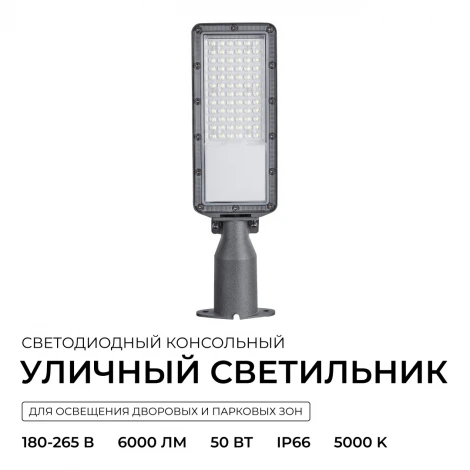 Уличный консольный светильник консольный с регулировкой наклона 50Вт 6000лм 5000К IP66, КСС "Ш" серый Apeyron 29-14