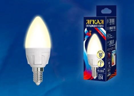 Лампочка светодиодная свеча белая E14 7W 3000K Uniel LED-C37 7W/WW/E14/FR PLP01WH