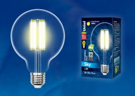 Лампочка светодиодная шар прозрачная E27 15W 3000K Uniel LED-G95-15W/3000K/E27/CL PLS02WH