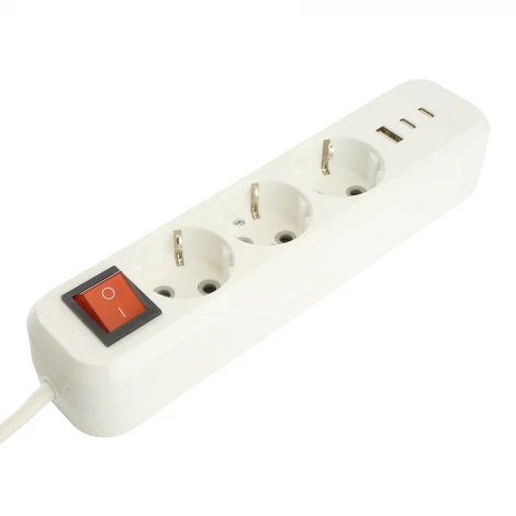 Удлинитель 3-х местный с заземлением USB Type-A + 2хUSB Type-С 2 метра (белый) Stekker Home 50136