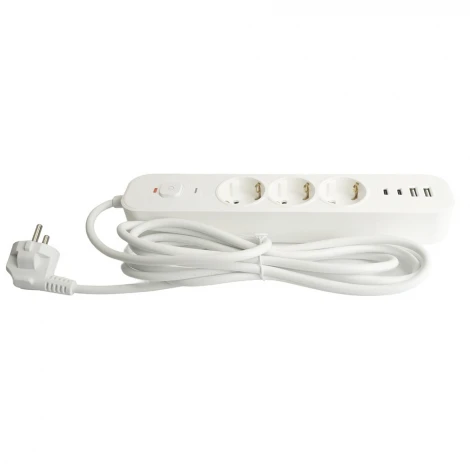 Сетевой фильтр 3-х местный с заземлением 2хUSB Type-A + 2хUSB Type-С 1,8м. (белый) Stekker Nova 50099