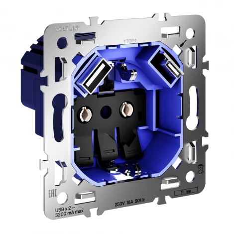 Механизм розетки с заземлением и защитными шторками 16А, с USB A+C Voltum S70 VLS0405M