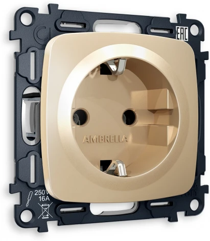 Комплект механизма Ambrella Volt электрической розетки OMEGA MO606010 Шампань с заземлением на винтовых зажимах 2P+E 16A-250V QUANT