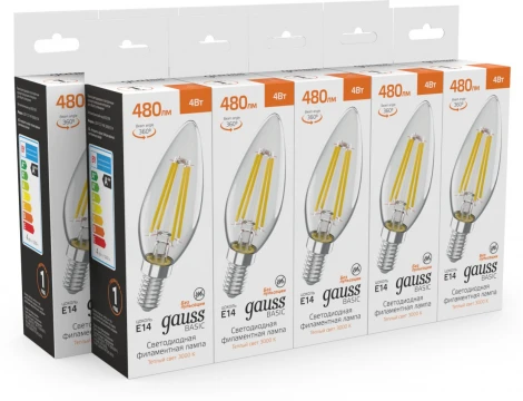 Лампочка светодиодная филаментная Gauss Filament 50312142 Свеча 4W 480lm 3000K E14 LED