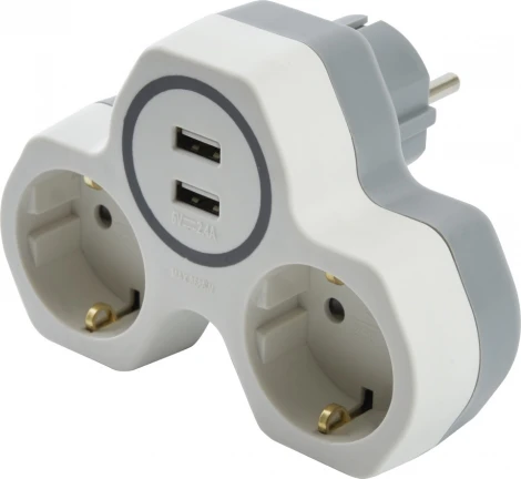 Разветвитель на 2 гнезда с заземлением и 2xUSB (белый,серый) Stekker 32872