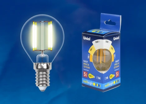 Лампочка светодиодная шар прозрачная E14 5W 3000K Uniel LED-G45-5W/WW/E14/CL/MB GLM10TR