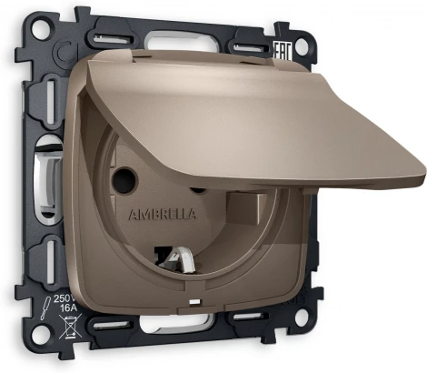 Комплект механизма Ambrella Volt электрической розетки OMEGA MO638010 Темная бронза матовый с заземлением с шторками и защитной крышкой 2P+E 16A-250V IP44 QUANT