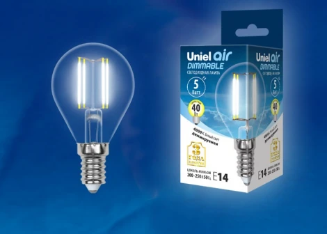Лампочка светодиодная груша прозрачная E14 5W 4000K Uniel LED-G45-5W/NW/E14/CL/DIM GLA01TR