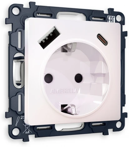 Комплект механизма Ambrella Volt электрической розетки ALFA MA210010 Жемчуг 2USB A+C 20W быстрая зарядка с заземлением и шторками 2P+E 16A-250V QUANT