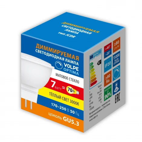 Лампа светодиодная, диммируемая, форма «JCDR», матовая, теплый белый свет 3000K Volpe OPTIMA DIM LED-JCDR-7W/3000K/GU5.3/FR/DIM/SLS