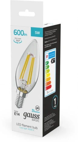 Лампочка светодиодная филаментная Gauss Filament 50312252 Свеча 5W 600lm 4000K E14 LED