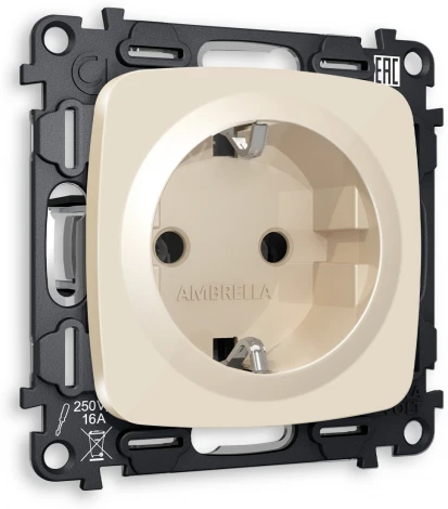 Комплект механизма Ambrella Volt электрической розетки OMEGA MO306010 Бежевый глянец с заземлением на винтовых зажимах 2P+E 16A-250V QUANT