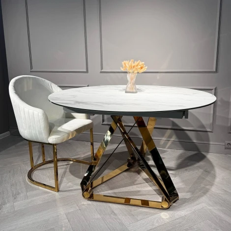 Стол обеденный IST-CASA раскладной Рондо Голд MC8239-120W, 120(+30+30)х76 см, белая керамика/золото